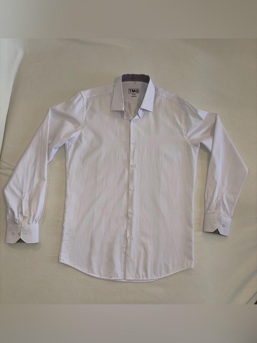 TMG Italy Men’s White Slim Fit Gingham Trim Dress Shirt 15.5 34/35